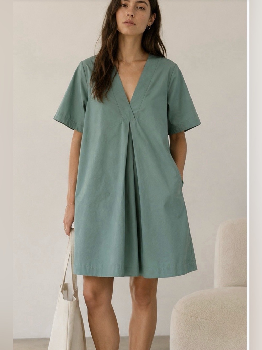 COS Teal Cotton V-Neck A-Line Dress 100% Cotton Sage Minimal Summer Casual